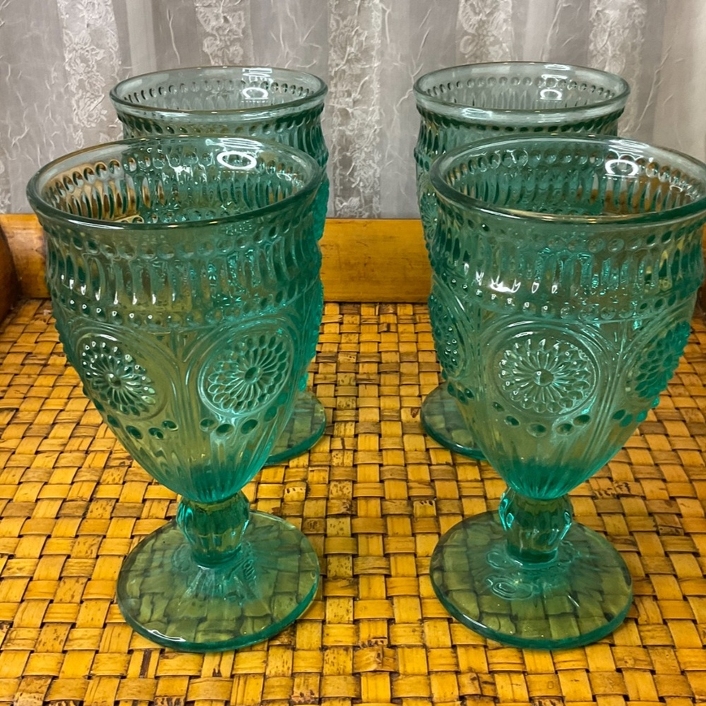 VTG Pioneer Woman Adeline Teal Goblets 4 Total - Picture 2 of 6